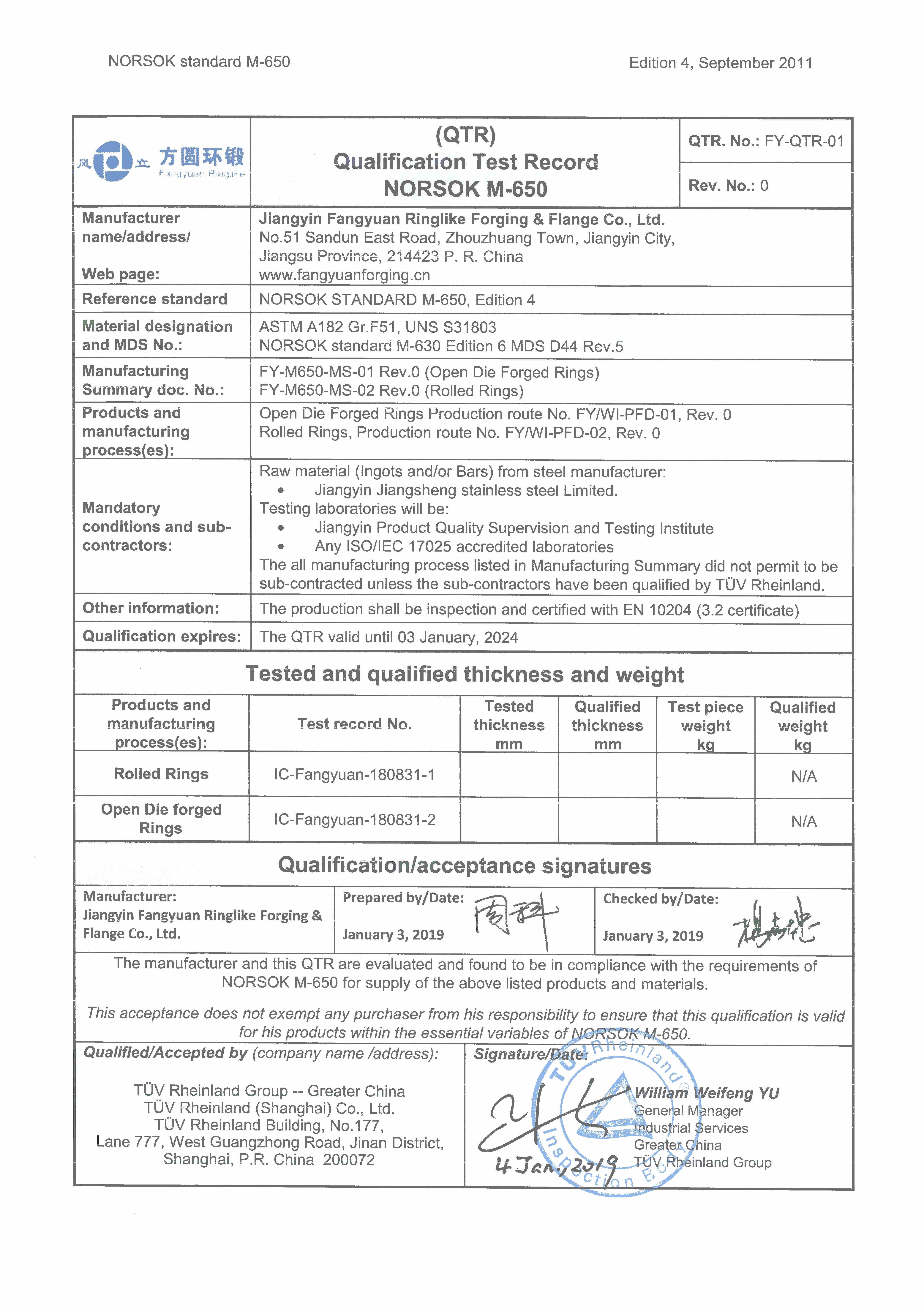 بدن و بسته شدن NORSOK M650 ، PED 2014/68/EU مواد جعل شیر ASTM F51 ، ASTM F53